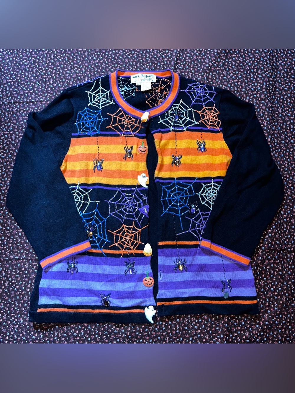 Embellished Halloween Cardigan Sweater - Black, Orange & Purple